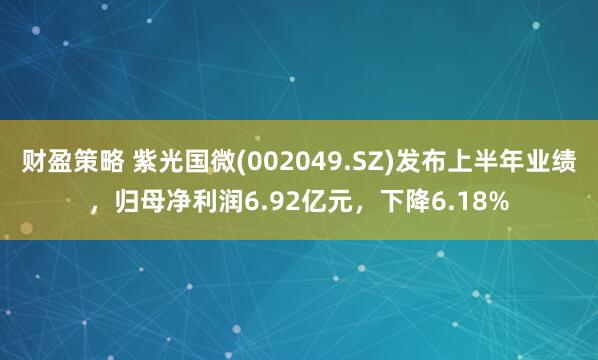 财盈策略 紫光国微(002049.SZ)发布上半年业绩，归母净利润6.92亿元，下降6.18%